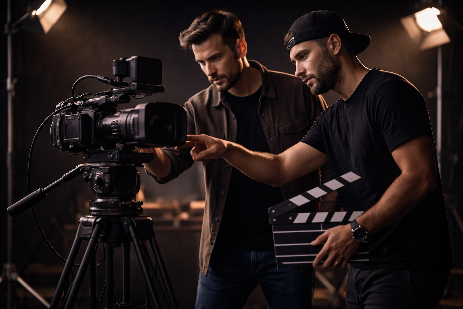 Professional film crew with cinema camera on set