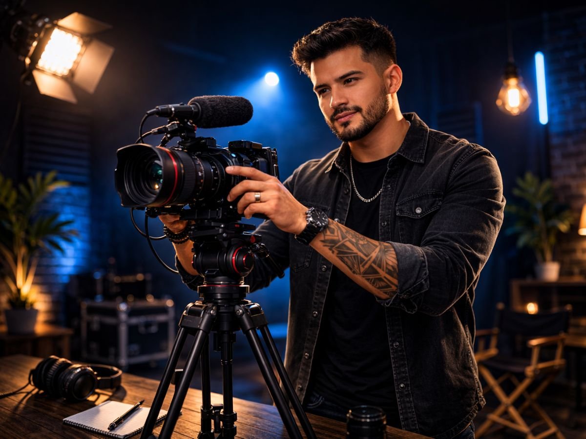 Creator operating professional cinema camera in studio